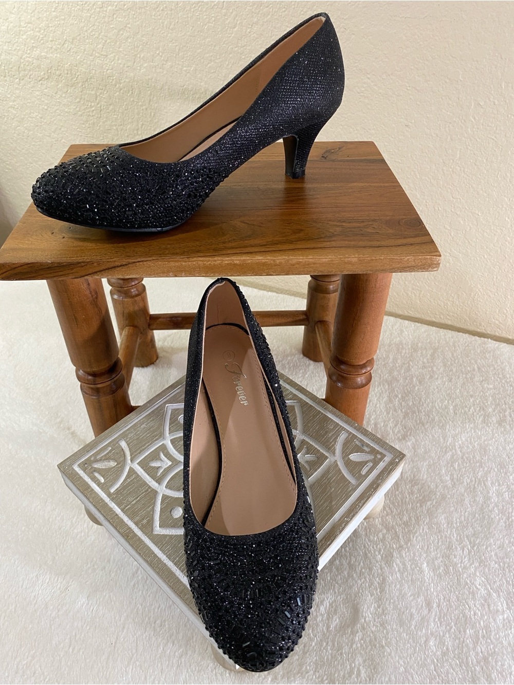 Black Beaded Kitten Heel Pumps for Women